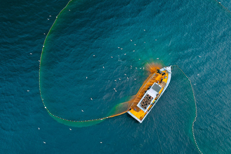 High angle view of ship in sea