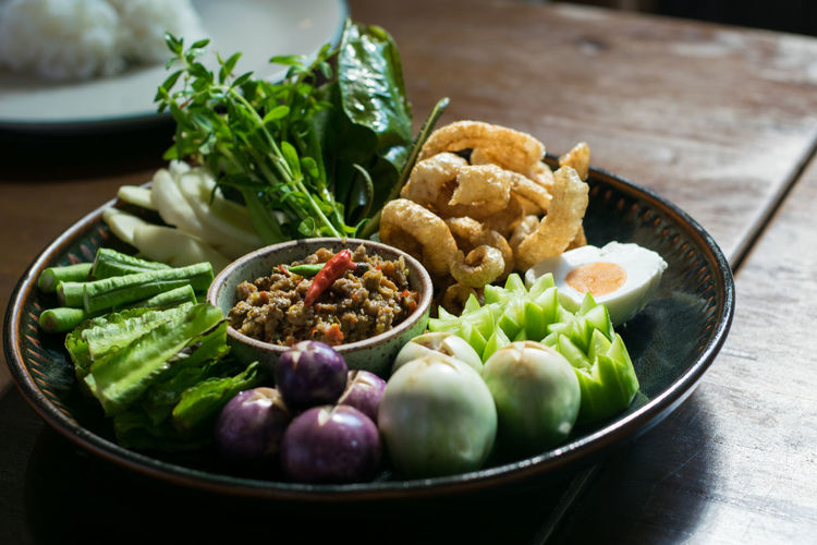 High angle view of vegetables in bowl on table