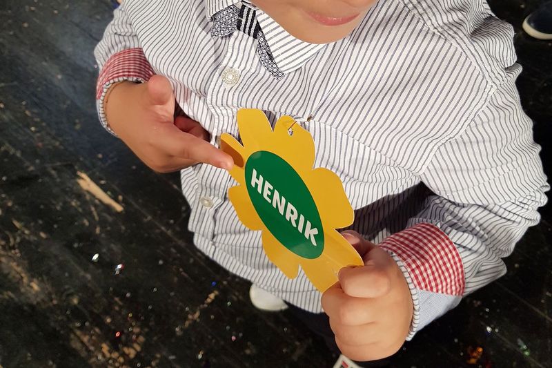 Midsection of boy pointing at badge