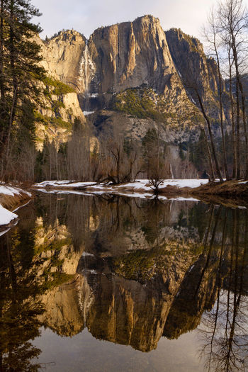 Winter reflection of yosemite falls in the merced river at dawn.