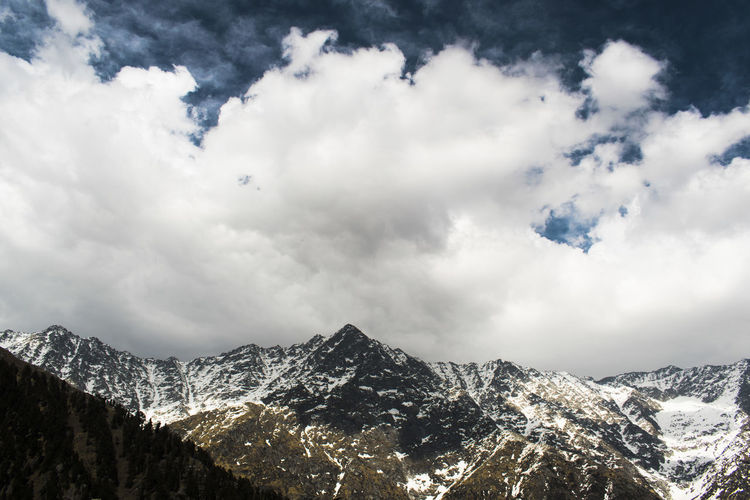 Scenic view of snowcapped mountains against cloudy sky