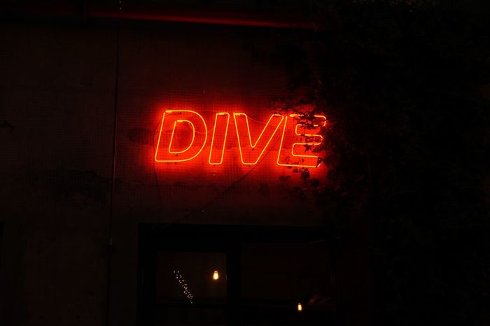 Close-up of illuminated dive text at night
