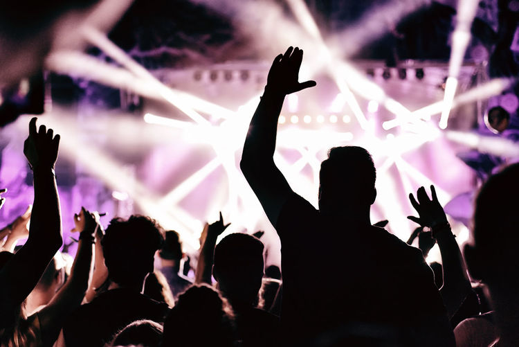 Concert crowd with raised arms applauding at a music festival