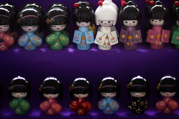 High angle view of ichimatsu dolls for sale at shop