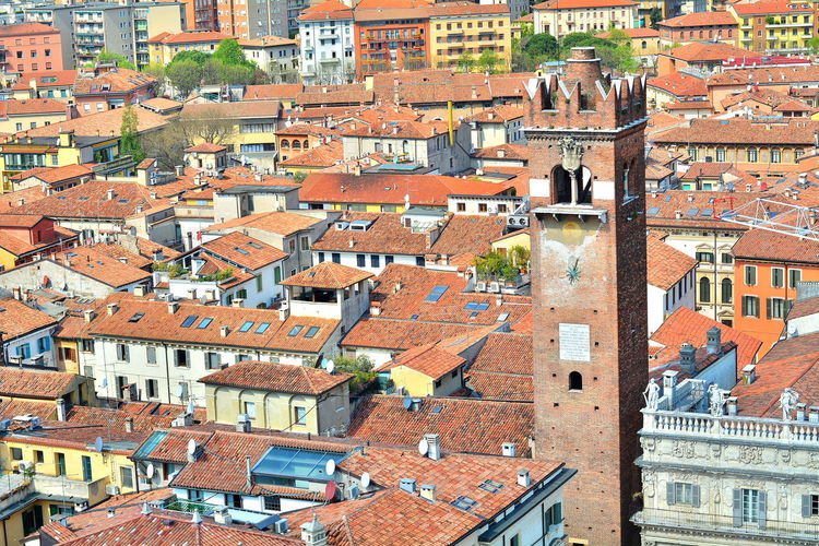 High angle view of old buildings in city