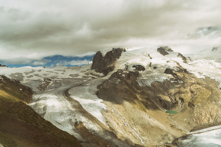 View of gornergrat glacier melting in summer near zermatt