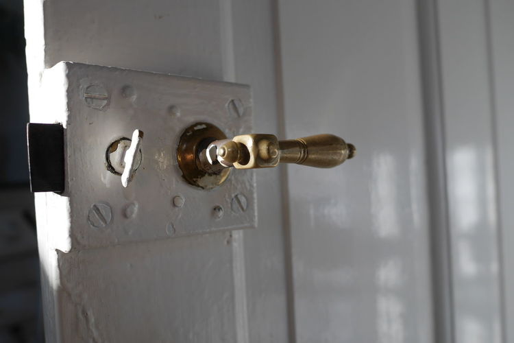 Close-up of a closed door with a gold colored vintage handle and lock