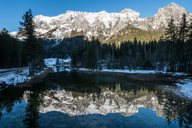 Scenic view of lake and snowcapped mountains against clear sky