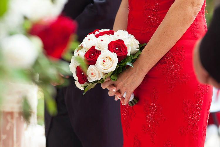 Close-up of hand holding red roses