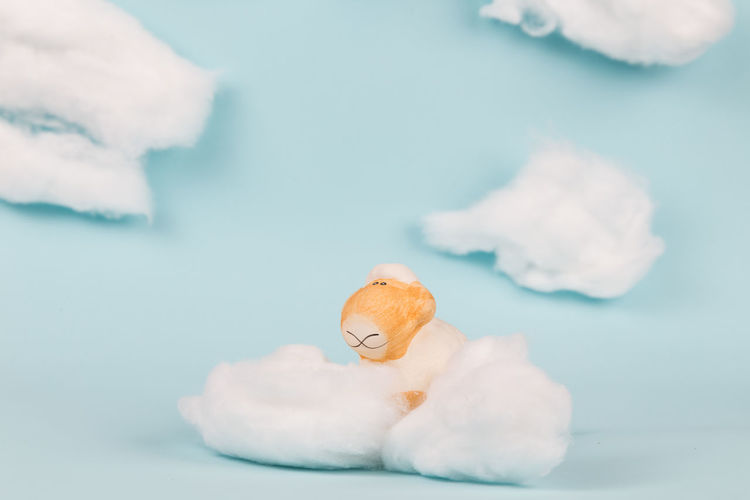 A sheep in the clouds. cute set made by cotton balls and a sheep made with clay.