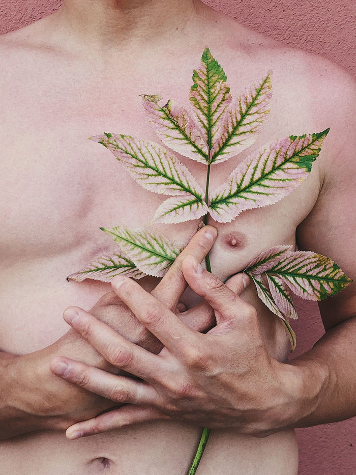 Midsection of shirtless man holding plant