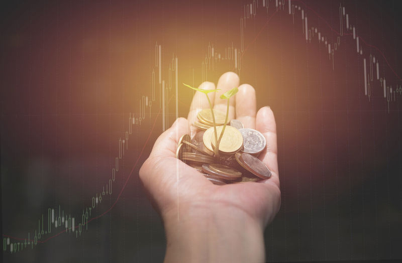 Digital composite image of line graph with hand holding coins and plant