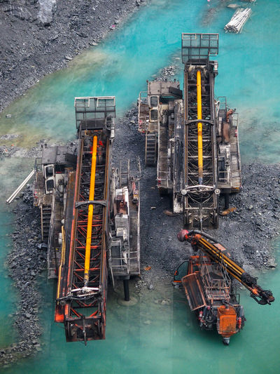High angle view of drilling rig in sea 