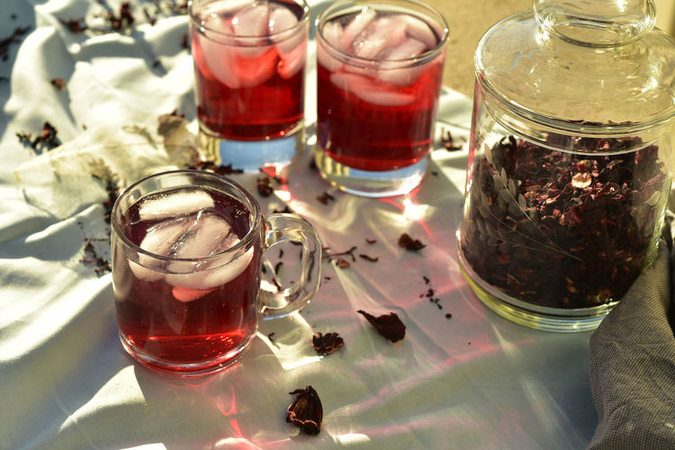 Healthy ice tea made with hibiscus flower petals