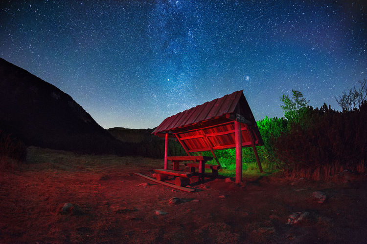 Abandoned house on field against sky at night