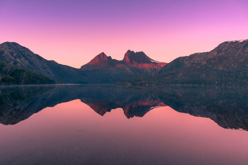 Scenic view of lake against mountains during sunset