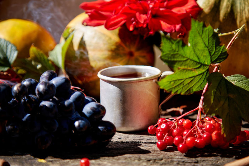 Natural cozy still life with mug of tea, grapes and viburnum in rustic style. autumn aesthetic 