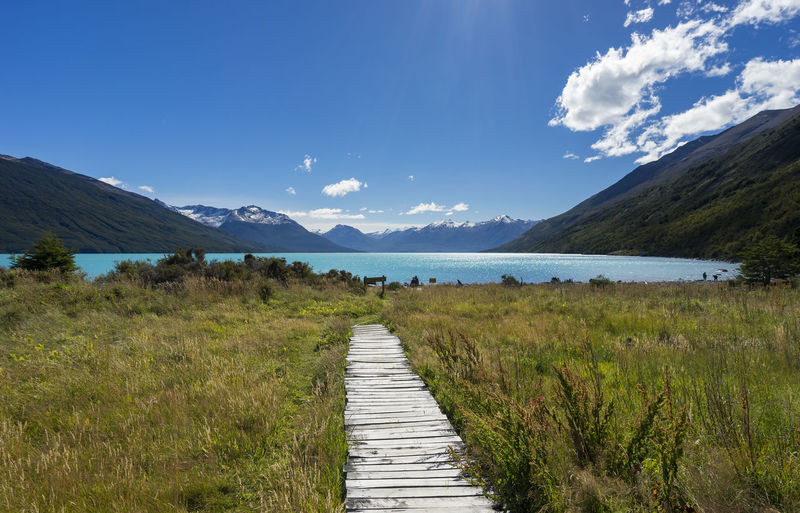 Wooden boardwalk leading to argentino lake at los glaciares nati