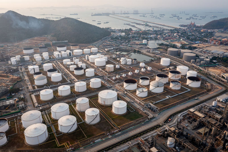 Aerial top view oil and gas refinery background, business petrochemical industrial, refinery oil 