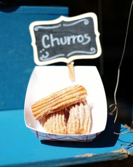 High angle view of churros in bowl