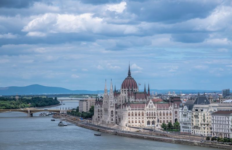 Panoramic view of the danube river and parliament building in budapest, hungary, on a summer day