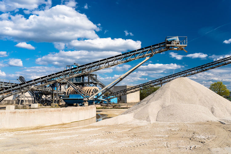 Conveyor over heaps of gravel on blue sky at an industrial cement plant.