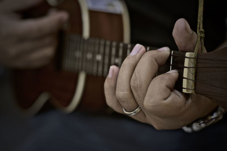 Close-up of hand playing guitar