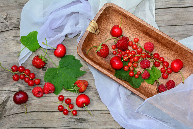 High angle view of red currant on table. -  a still live