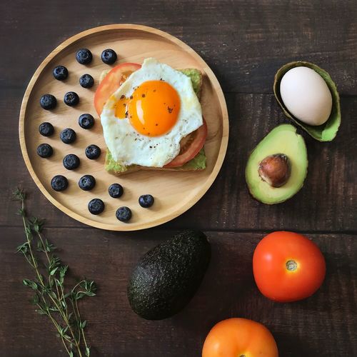 High angle view of breakfast served on wooden table