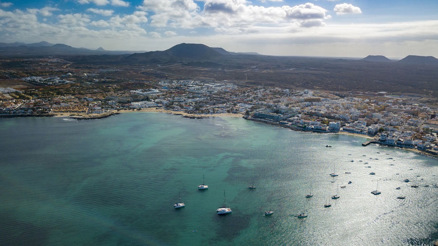 High angle view of bay against sky