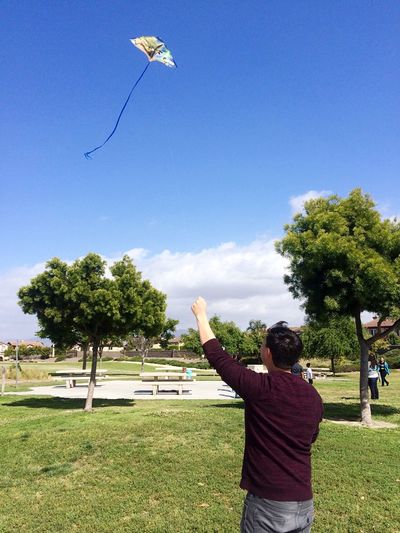 Rear view of man flying kite at park on sunny day