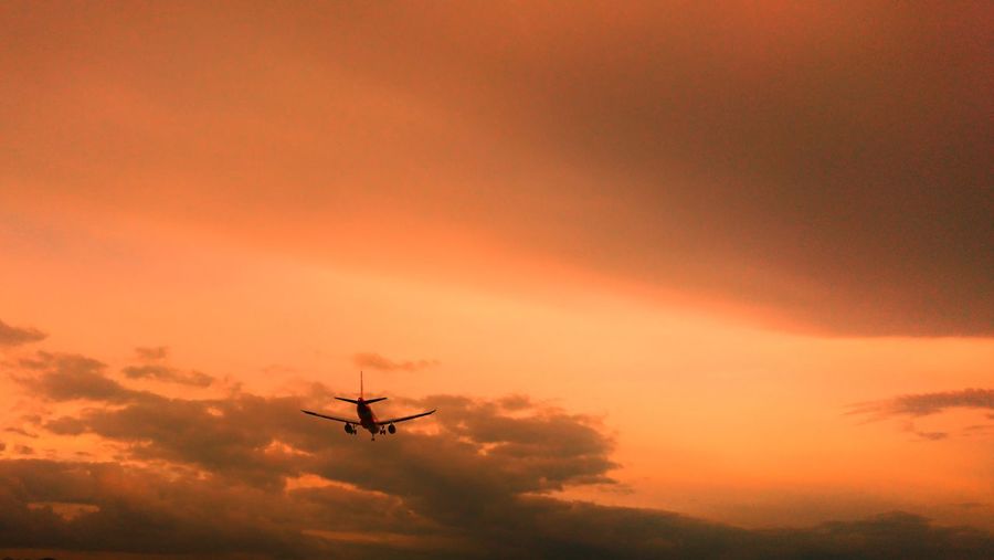 Low angle view of silhouette airplane against sky during sunset