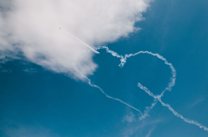 Heart shaped vapor trail of airplane in sky