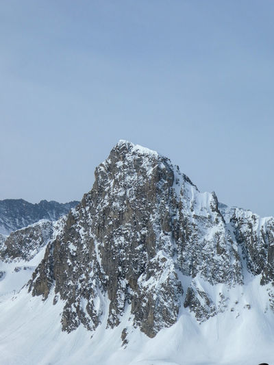 Scenic view of snowcapped mountains against clear sky