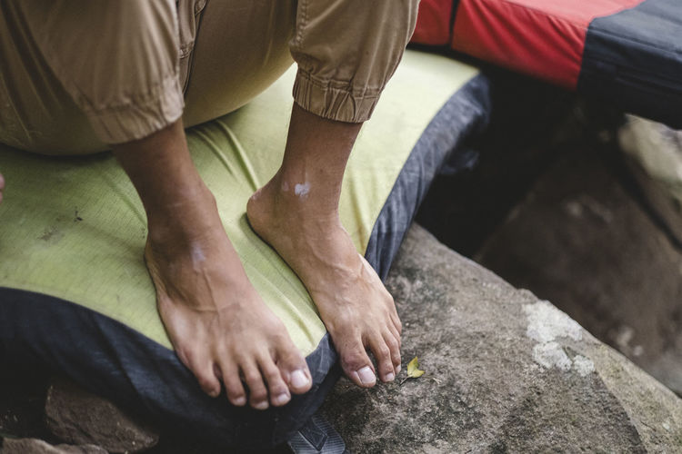 Close up of a male rock climber bare feet