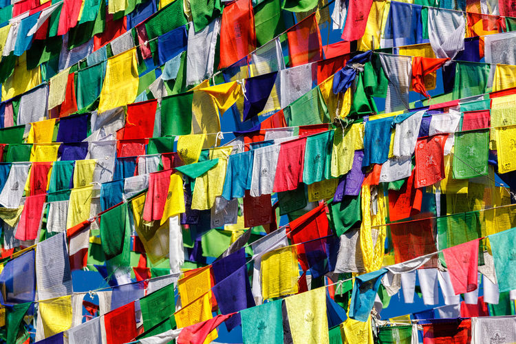 Buddhist prayer flags lunga in mcleod ganj, himachal pradesh, india