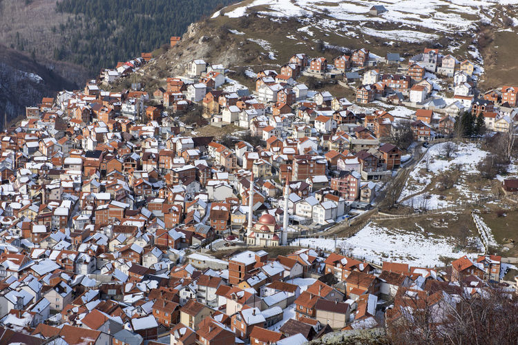 High angle view of townscape and buildings in city