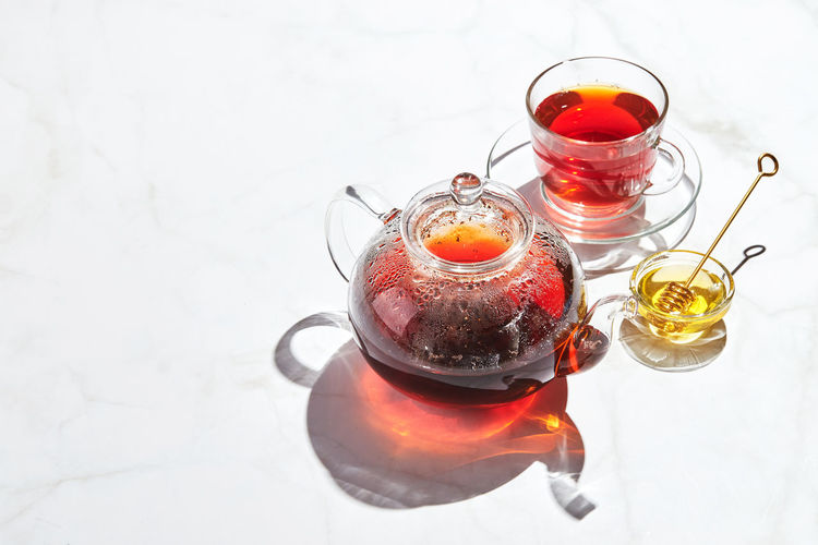 High angle view of tea in glass on table