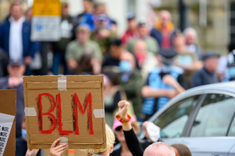 Richmond, north yorkshire, uk - june 14, 2020 homemade black lives matter signs at a blm protest
