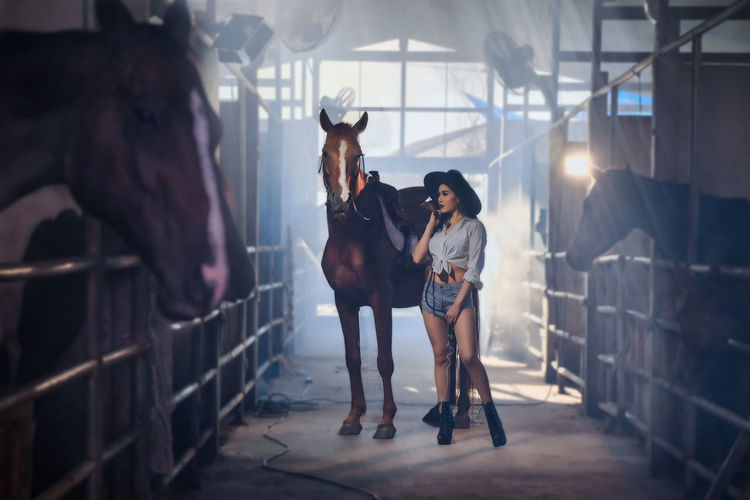 Beautiful woman standing with horse in barn