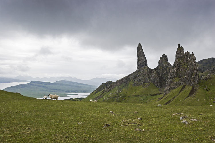 Scenic view of the storr against sky