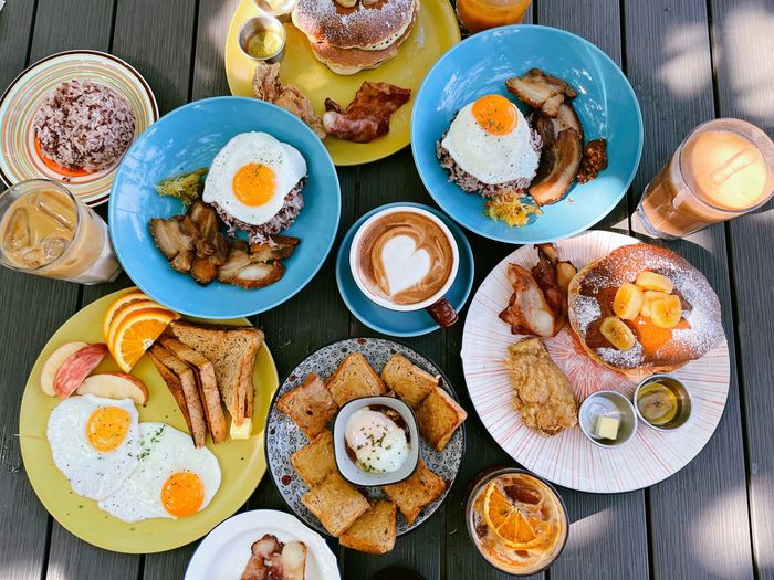 High angle view of breakfast food on table
