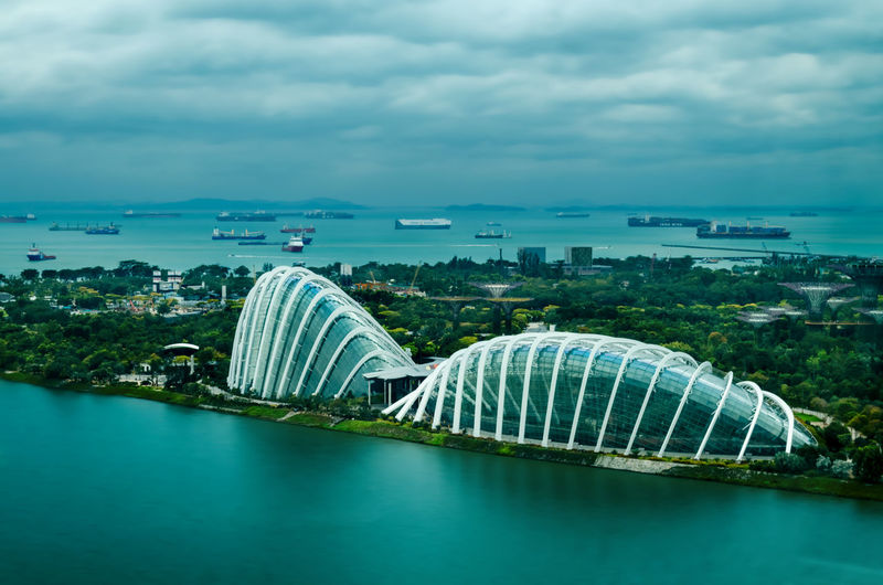 An aerial view of gardens by the bay along with the flower dome and cloudforest,