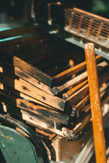 High angle view of rusty metal on wood