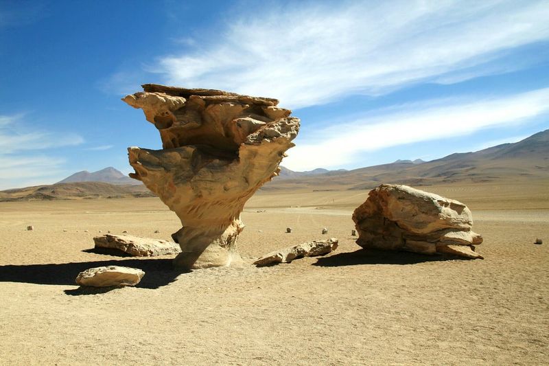 Rock formation in desert landscape against sky
