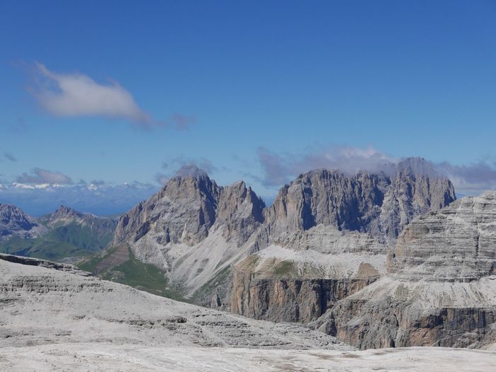 Scenic view of dolomites against blue sky