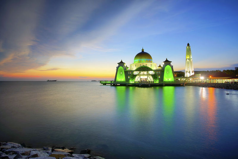 Beautiful view of majestic malacca straits mosque during sunset