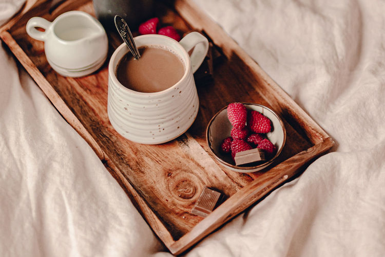 High angle view of breakfast served on table