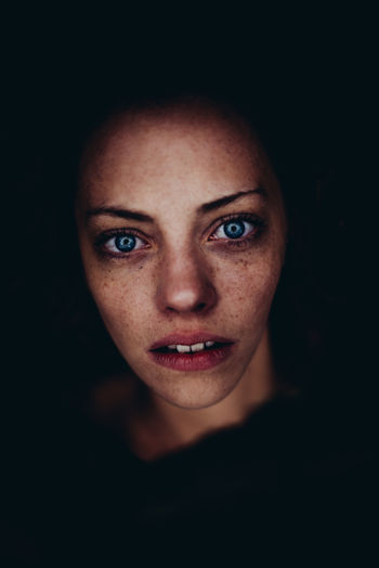 Adult Adults Only Beautiful People Beautiful Woman Beauty Black Background Close-up Freckle Headshot Human Body Part Human Eye Human Face Human Mouth Looking At Camera Mouth Open One Person One Woman Only One Young Woman Only Only Women People Portrait Real People Studio Shot Women Young Adult