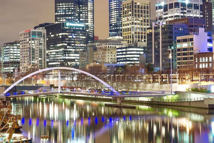 Reflection of modern illuminated buildings on yarra river in city at night
